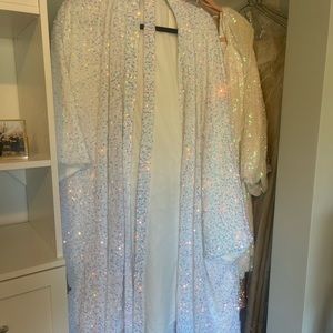 White sequin robe plus curvy wedding day bridal